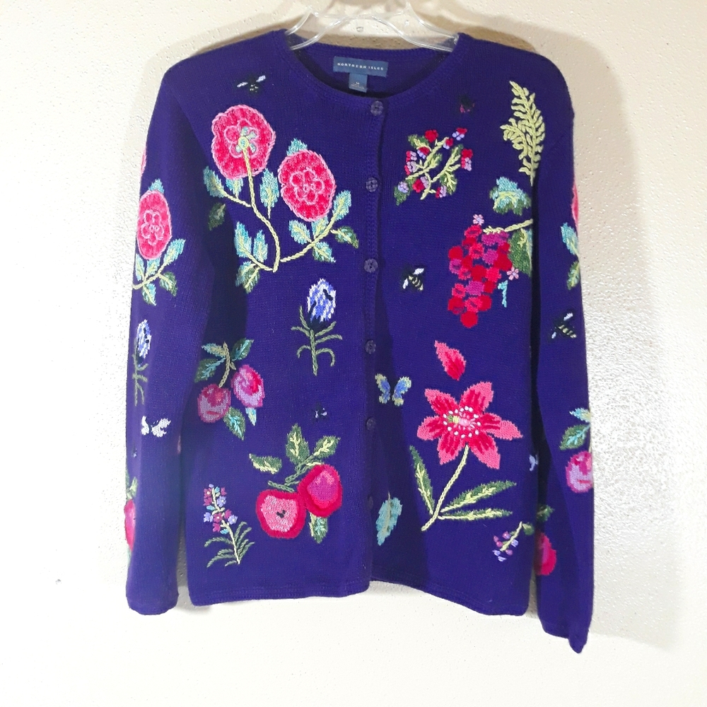 Floral Embroidered Women's Cardigan - Blue
